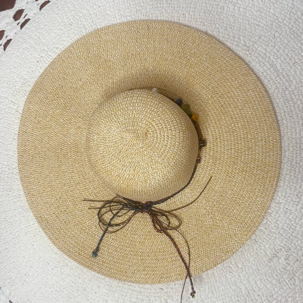 Bohemian Large straw hat with beading detailing with chin strap and bow tie